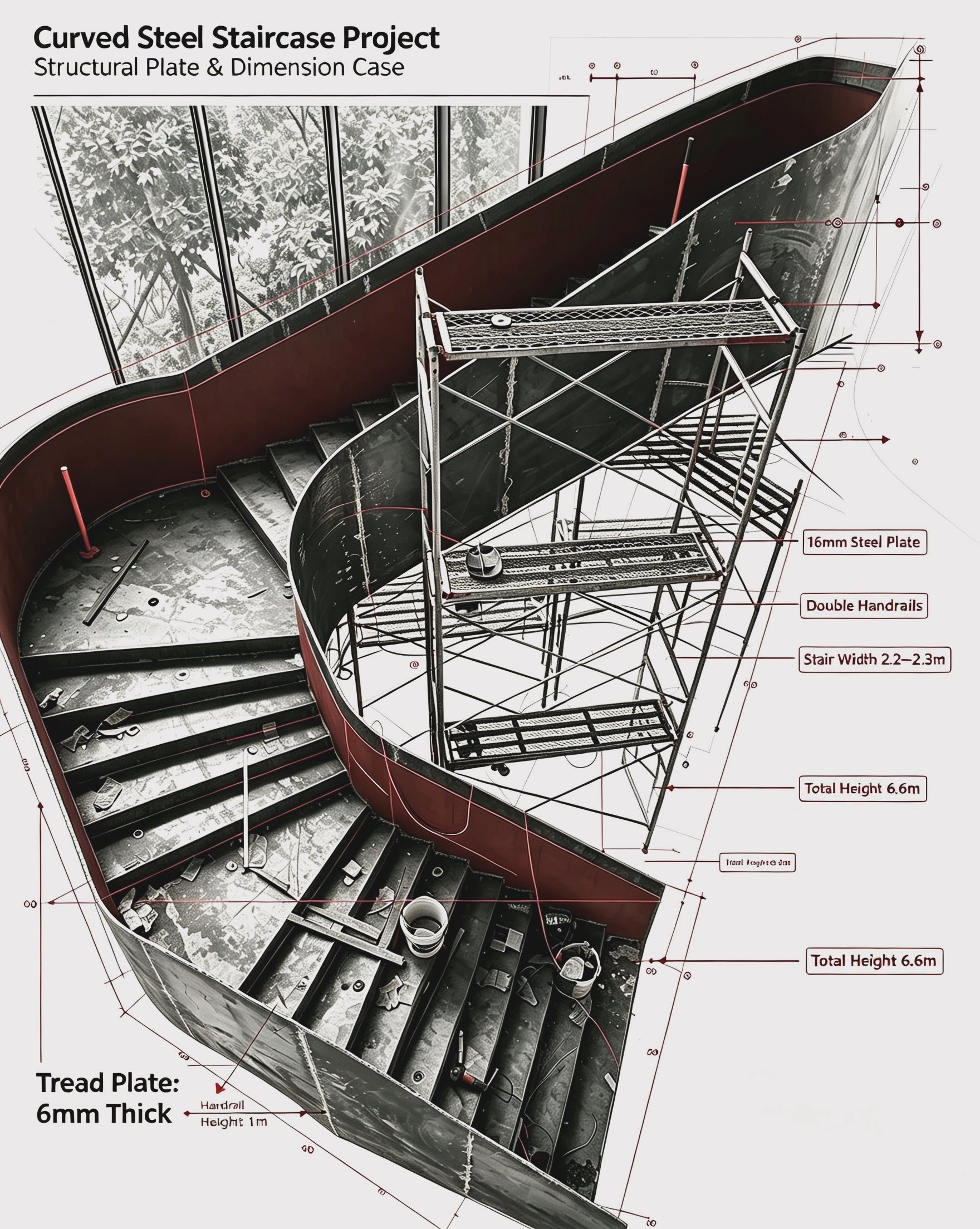Curved steel staircase factory floor with dimension markings