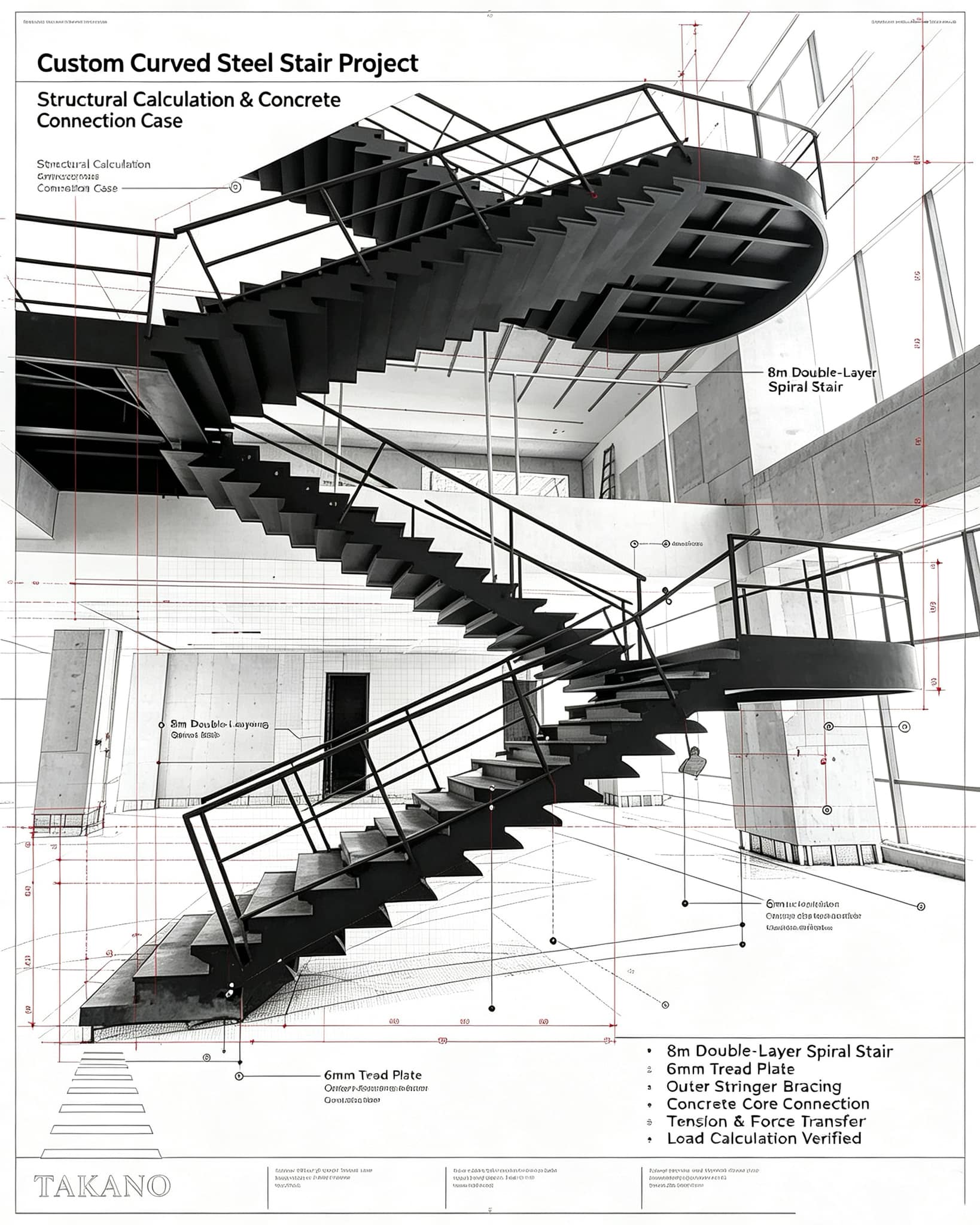 8m double spiral steel staircase structural calculation drawing Foshan factory