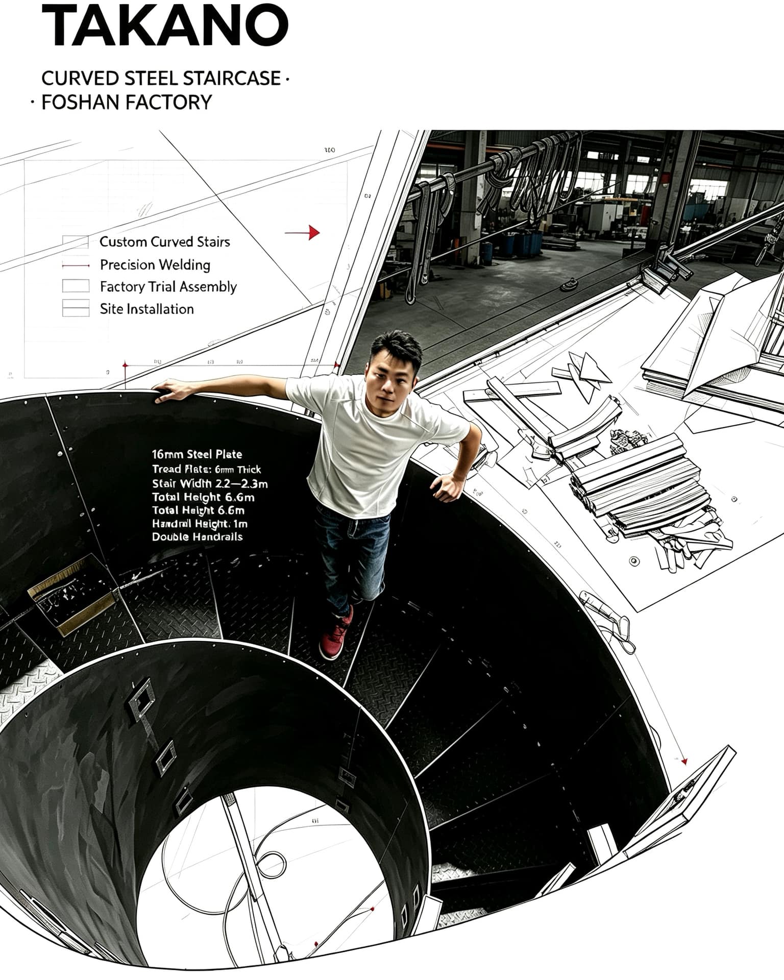 TAKANO factory curved steel staircase trial assembly Foshan
